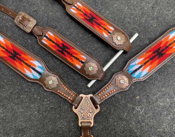 Showman Browband Headstall &amp; Breast collar set with wool southwest blanket inlay - red and orange #3